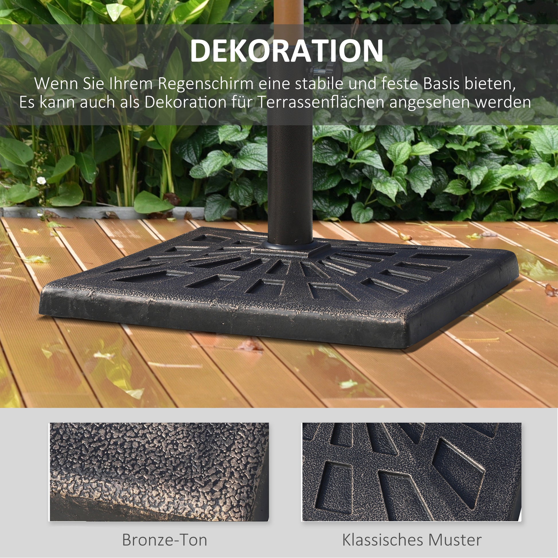 Umbrella Stand 15 kg Square Umbrella Base Holder, Umbrella Weight, Stand for Umbrella 38mm Pole Diameter, for Balcony, Terrace, Garden, Bronze