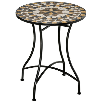 Small Garden Table in Metal and Ceramic, Outdoor Mosaic Table for Terrace or Balcony, 60x71cm, Gray Beige White