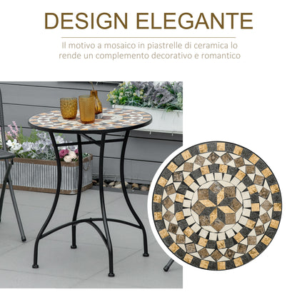 Small Garden Table in Metal and Ceramic, Outdoor Mosaic Table for Terrace or Balcony, 60x71cm, Gray Beige White
