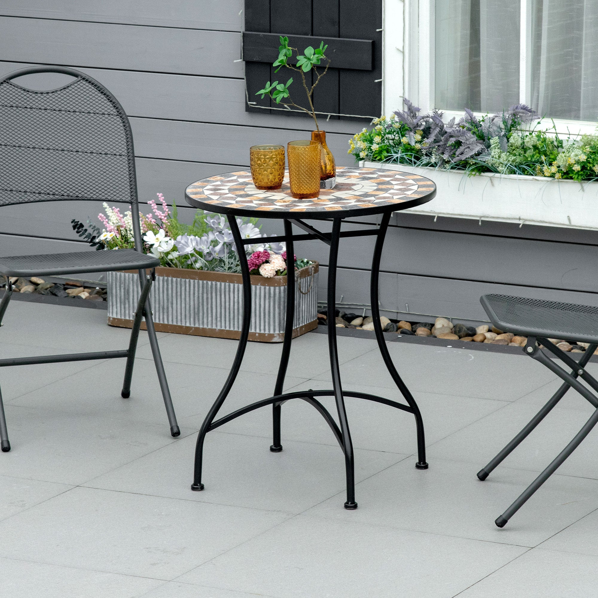 Small Garden Table in Metal and Ceramic, Outdoor Mosaic Table for Terrace or Balcony, 60x71cm, Gray Beige White