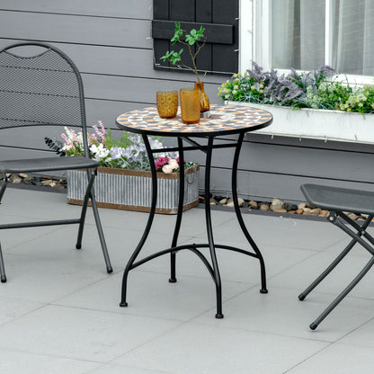 Small Garden Table in Metal and Ceramic, Outdoor Mosaic Table for Terrace or Balcony, 60x71cm, Gray Beige White