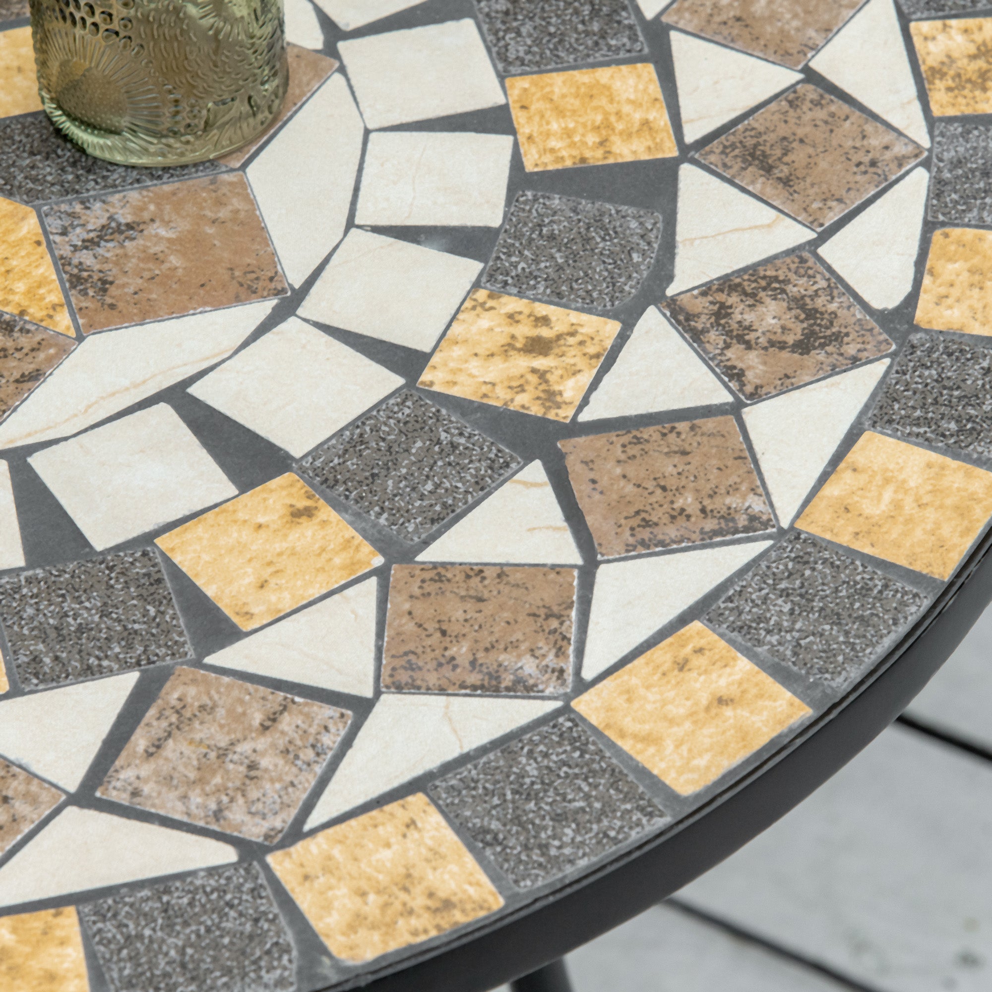 Small Garden Table in Metal and Ceramic, Outdoor Mosaic Table for Terrace or Balcony, 60x71cm, Gray Beige White