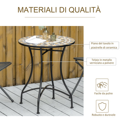 Small Garden Table in Metal and Ceramic, Outdoor Mosaic Table for Terrace or Balcony, 60x71cm, Gray Beige White