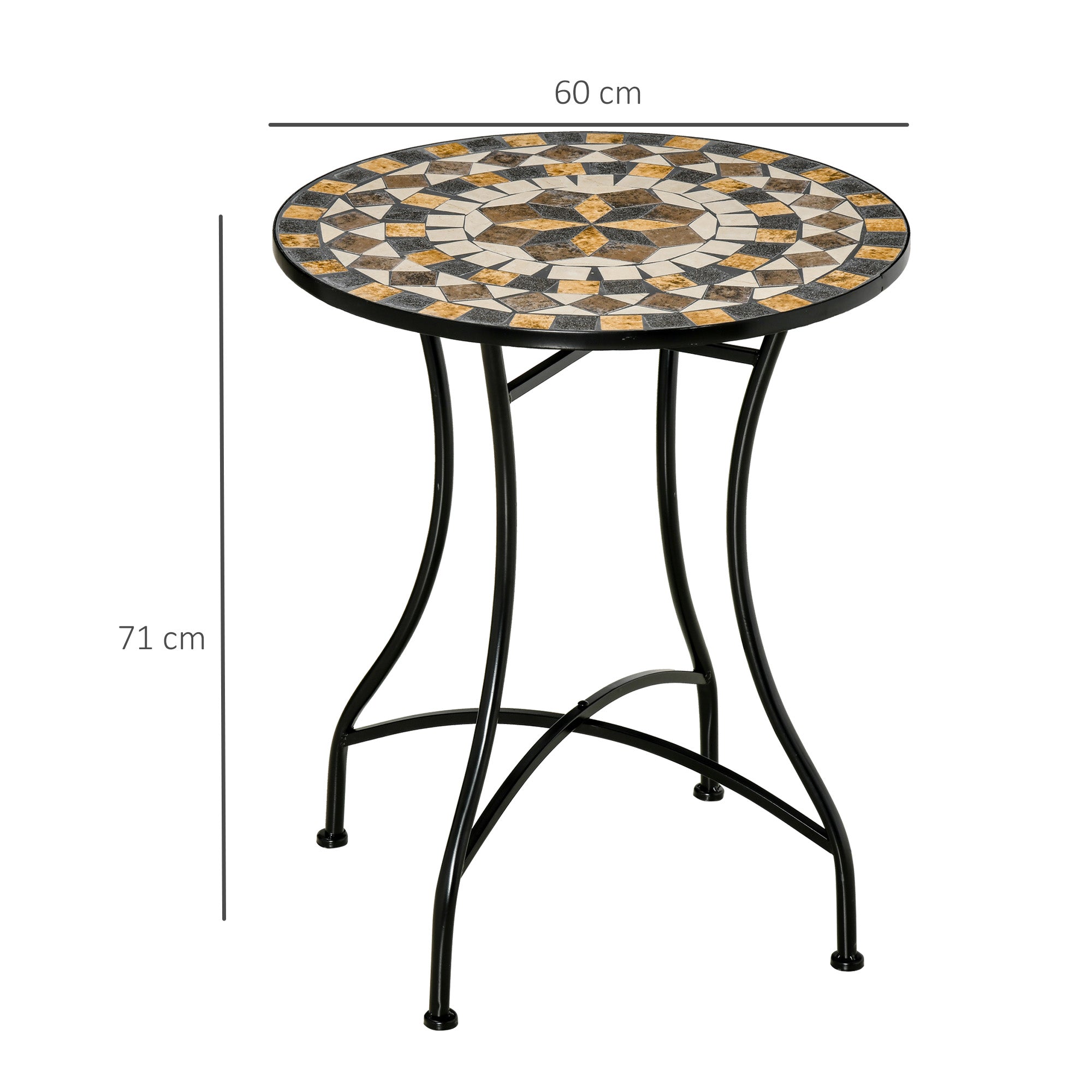 Small Garden Table in Metal and Ceramic, Outdoor Mosaic Table for Terrace or Balcony, 60x71cm, Gray Beige White