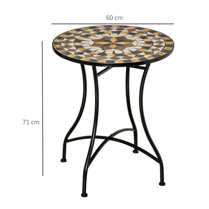Small Garden Table in Metal and Ceramic, Outdoor Mosaic Table for Terrace or Balcony, 60x71cm, Gray Beige White