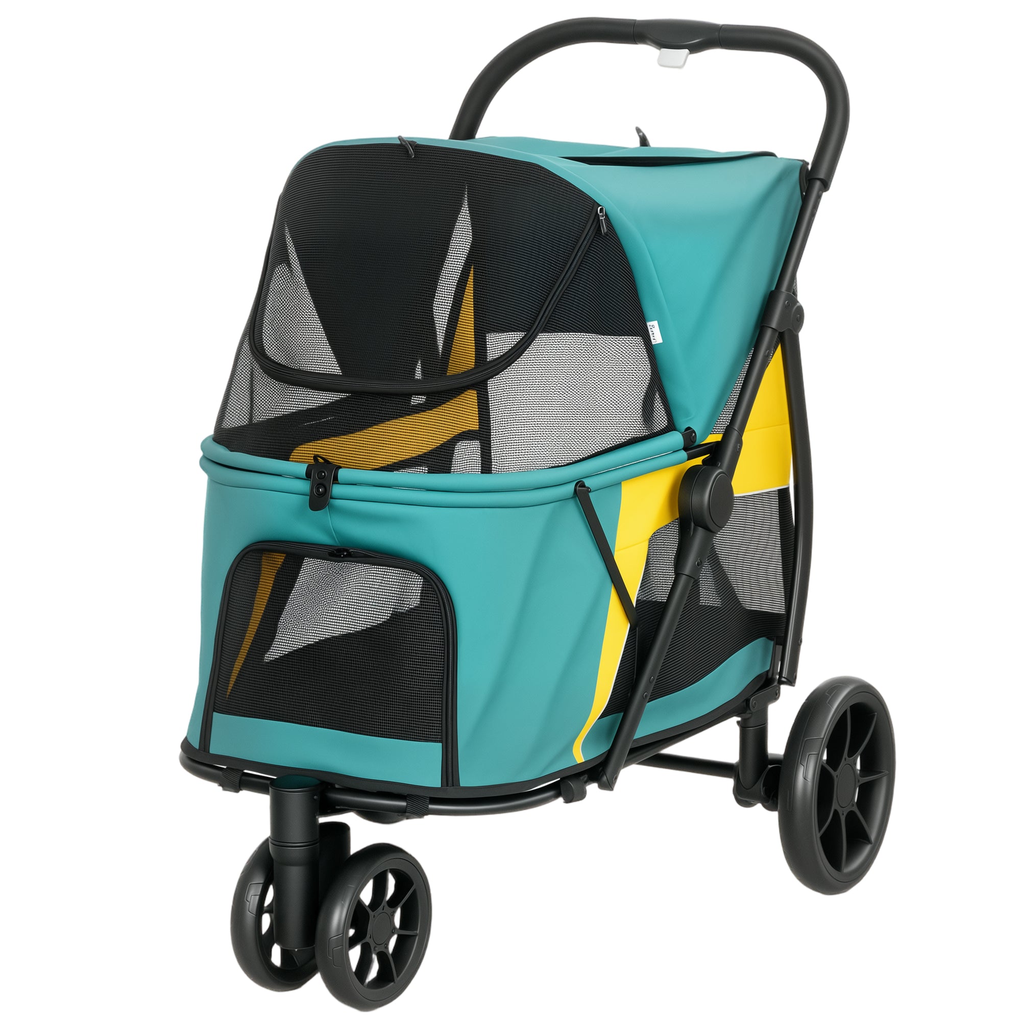 Foldable Dog Stroller / Pet Buggy — For Cats & Dogs up to 44 lb with Cushion, Mesh Windows, Rear Pocket, 360° Swivel Wheels with Brake, Door — Medium Dogs, Dark Green