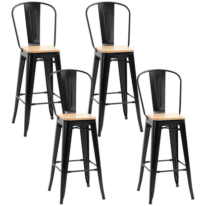 Set of 4 Industrial Bar Stools with Backrest Footrest Seat Height 76 cm Black Metal Light Wood Effect Multilayer Panels