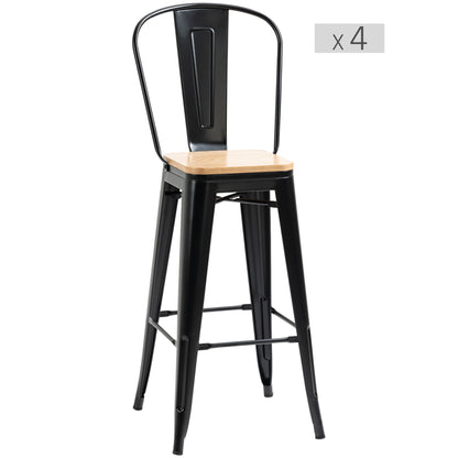 Set of 4 Industrial Bar Stools with Backrest Footrest Seat Height 76 cm Black Metal Light Wood Effect Multilayer Panels