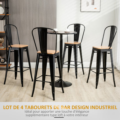 Set of 4 Industrial Bar Stools with Backrest Footrest Seat Height 76 cm Black Metal Light Wood Effect Multilayer Panels
