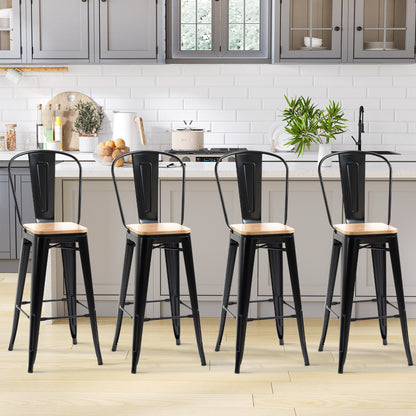 Set of 4 Industrial Bar Stools with Backrest Footrest Seat Height 76 cm Black Metal Light Wood Effect Multilayer Panels