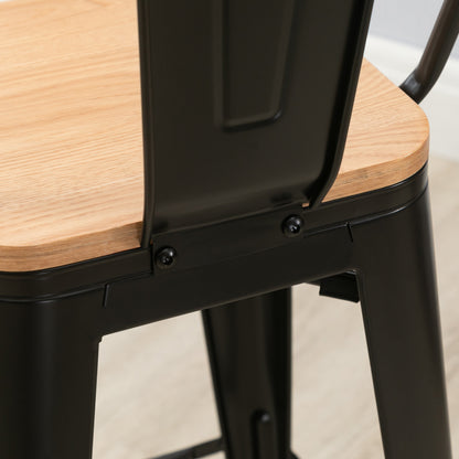 Set of 4 Industrial Bar Stools with Backrest Footrest Seat Height 76 cm Black Metal Light Wood Effect Multilayer Panels