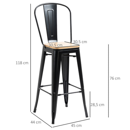 Set of 4 Industrial Bar Stools with Backrest Footrest Seat Height 76 cm Black Metal Light Wood Effect Multilayer Panels