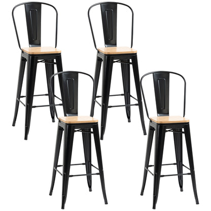 Set of 4 Industrial Bar Stools with Backrest Footrest Seat Height 76 cm Black Metal Light Wood Effect Multilayer Panels