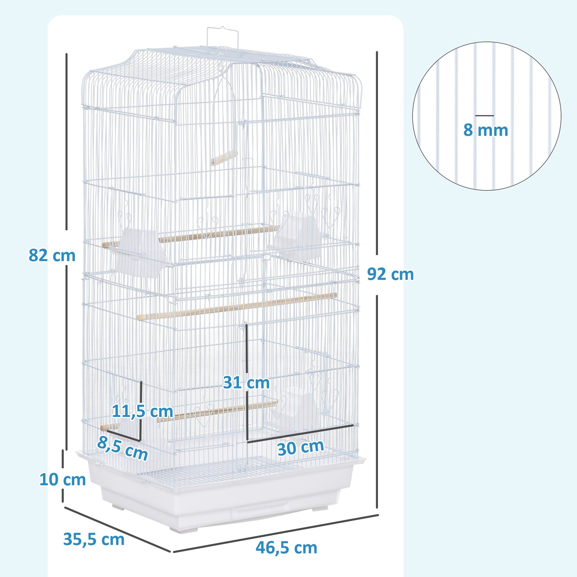 Bird Cage 46.5x35.5x92 cm Metal Birdcage with 4 Feeders 3 Wooden Perches Swing Removable Tray and Transport Handle for Parrot Canary Lovebird White