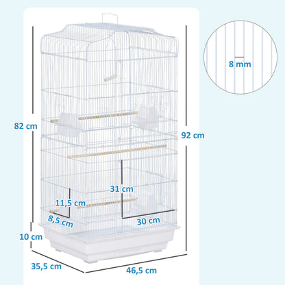 Bird Cage 46.5x35.5x92 cm Metal Birdcage with 4 Feeders 3 Wooden Perches Swing Removable Tray and Transport Handle for Parrot Canary Lovebird White