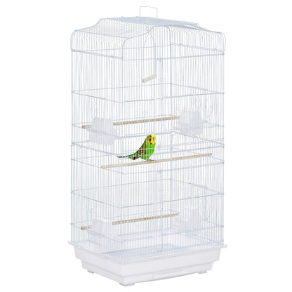Bird Cage 46.5x35.5x92 cm Metal Birdcage with 4 Feeders 3 Wooden Perches Swing Removable Tray and Transport Handle for Parrot Canary Lovebird White