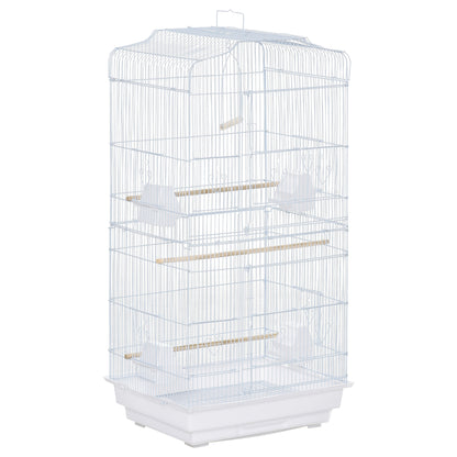 Bird Cage 46.5x35.5x92 cm Metal Birdcage with 4 Feeders 3 Wooden Perches Swing Removable Tray and Transport Handle for Parrot Canary Lovebird White