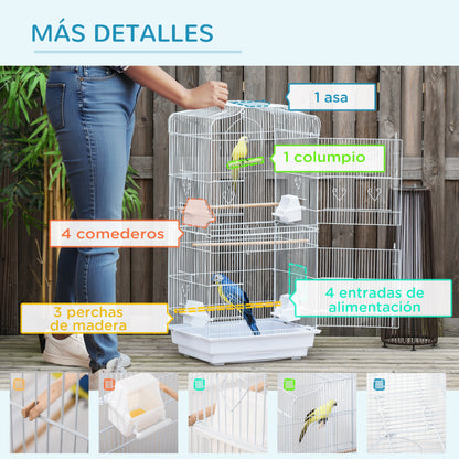Bird Cage 46.5x35.5x92 cm Metal Birdcage with 4 Feeders 3 Wooden Perches Swing Removable Tray and Transport Handle for Parrot Canary Lovebird White