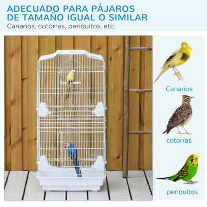 Bird Cage 46.5x35.5x92 cm Metal Birdcage with 4 Feeders 3 Wooden Perches Swing Removable Tray and Transport Handle for Parrot Canary Lovebird White