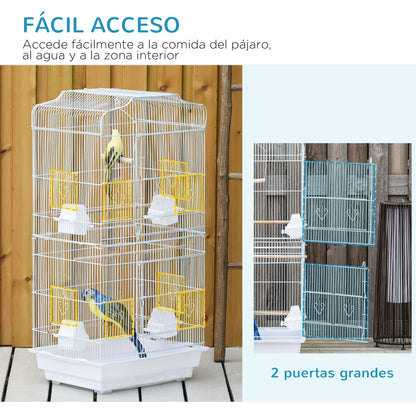 Bird Cage 46.5x35.5x92 cm Metal Birdcage with 4 Feeders 3 Wooden Perches Swing Removable Tray and Transport Handle for Parrot Canary Lovebird White
