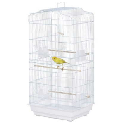 Bird Cage 46.5x35.5x92 cm Metal Birdcage with 4 Feeders 3 Wooden Perches Swing Removable Tray and Transport Handle for Parrot Canary Lovebird White