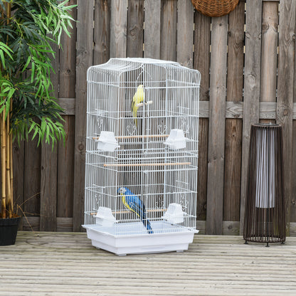 Bird Cage 46.5x35.5x92 cm Metal Birdcage with 4 Feeders 3 Wooden Perches Swing Removable Tray and Transport Handle for Parrot Canary Lovebird White