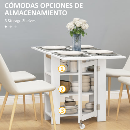 Folding Table with Folding Wings Dining Table Folding Kitchen Table with 2 Wheels and Shelves Modern Style 120x60x75 cm White