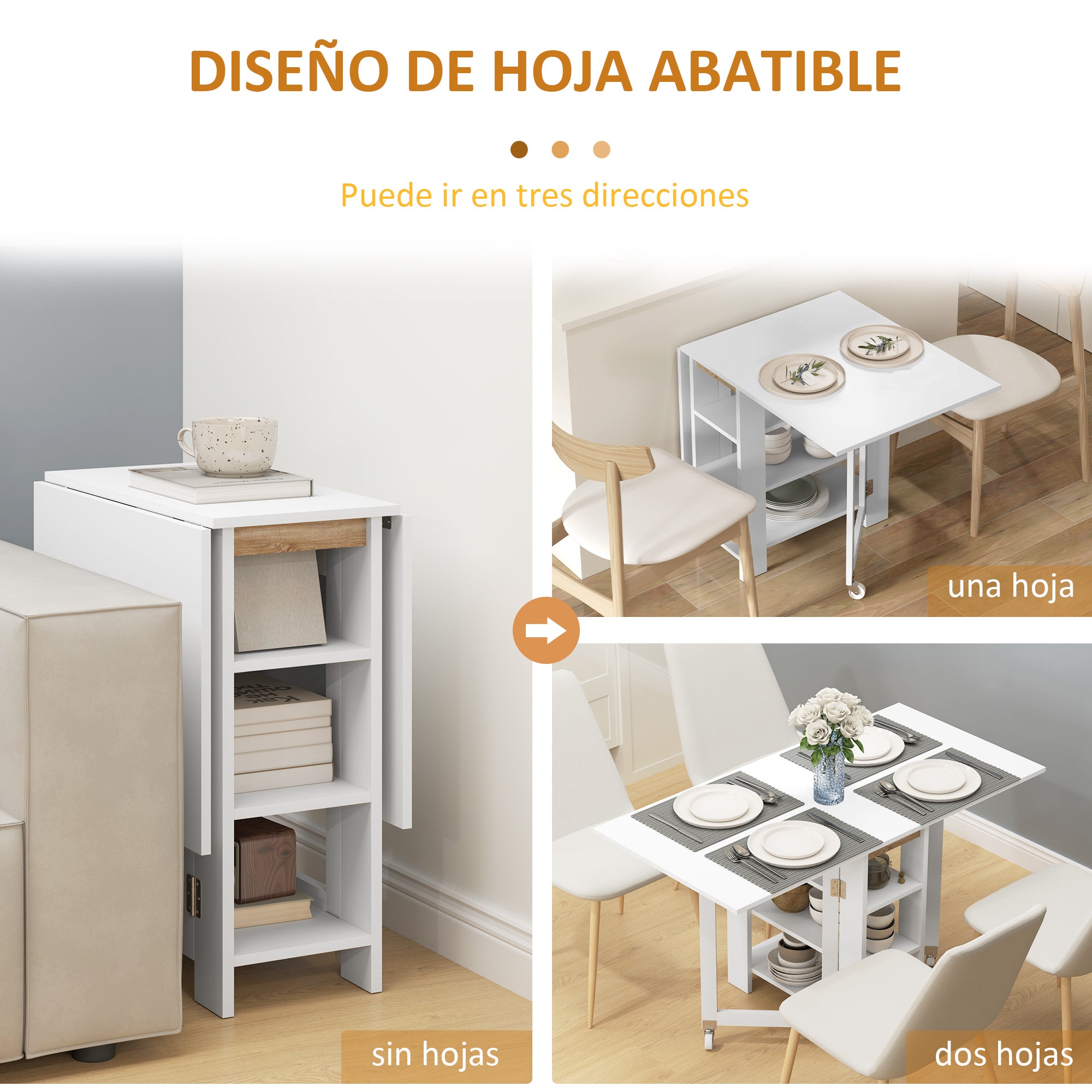 Folding Table with Folding Wings Dining Table Folding Kitchen Table with 2 Wheels and Shelves Modern Style 120x60x75 cm White