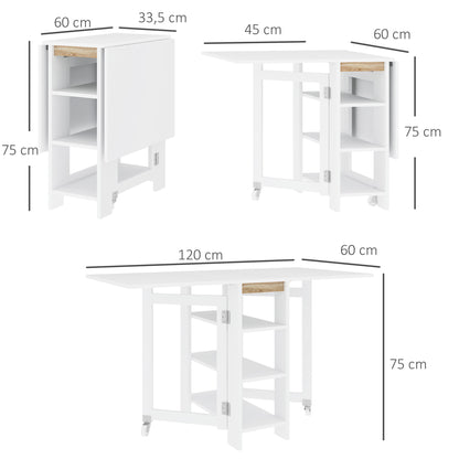 Folding Table with Folding Wings Dining Table Folding Kitchen Table with 2 Wheels and Shelves Modern Style 120x60x75 cm White