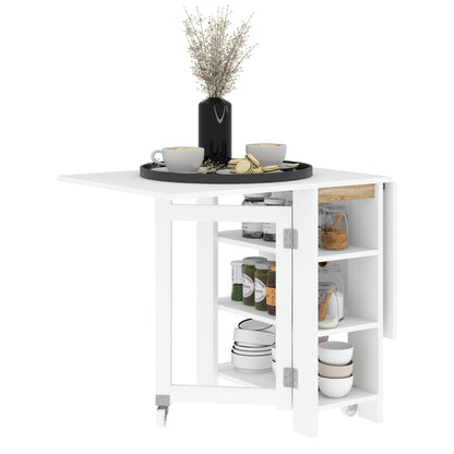 Folding Table with Folding Wings Dining Table Folding Kitchen Table with 2 Wheels and Shelves Modern Style 120x60x75 cm White
