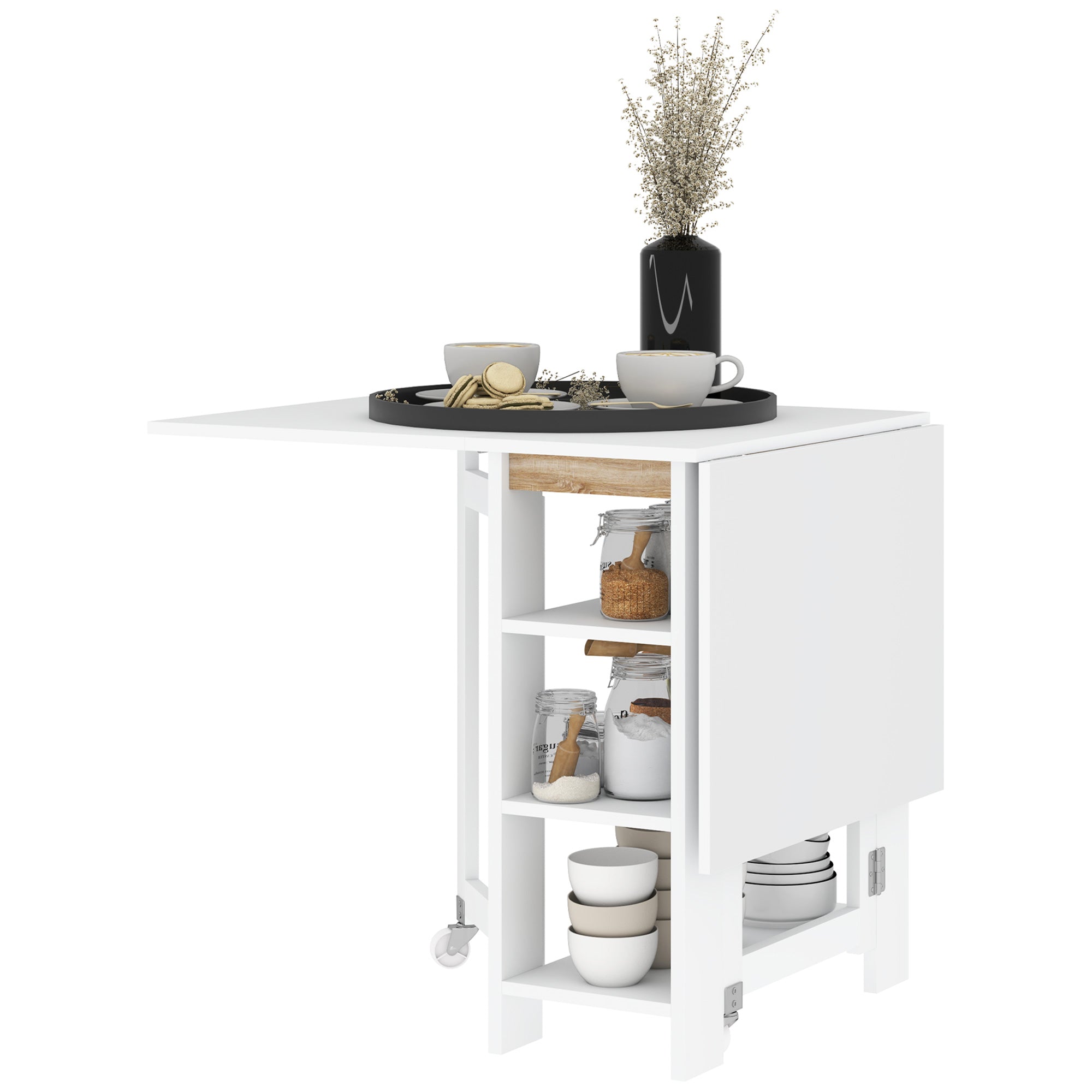 Folding Table with Folding Wings Dining Table Folding Kitchen Table with 2 Wheels and Shelves Modern Style 120x60x75 cm White