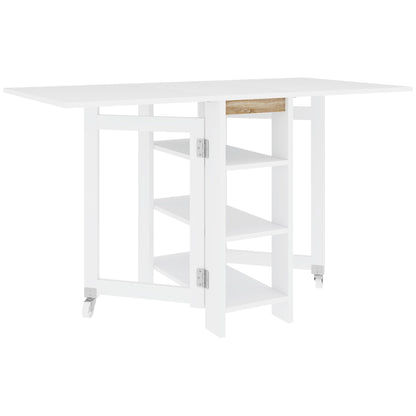 Folding Table with Folding Wings Dining Table Folding Kitchen Table with 2 Wheels and Shelves Modern Style 120x60x75 cm White