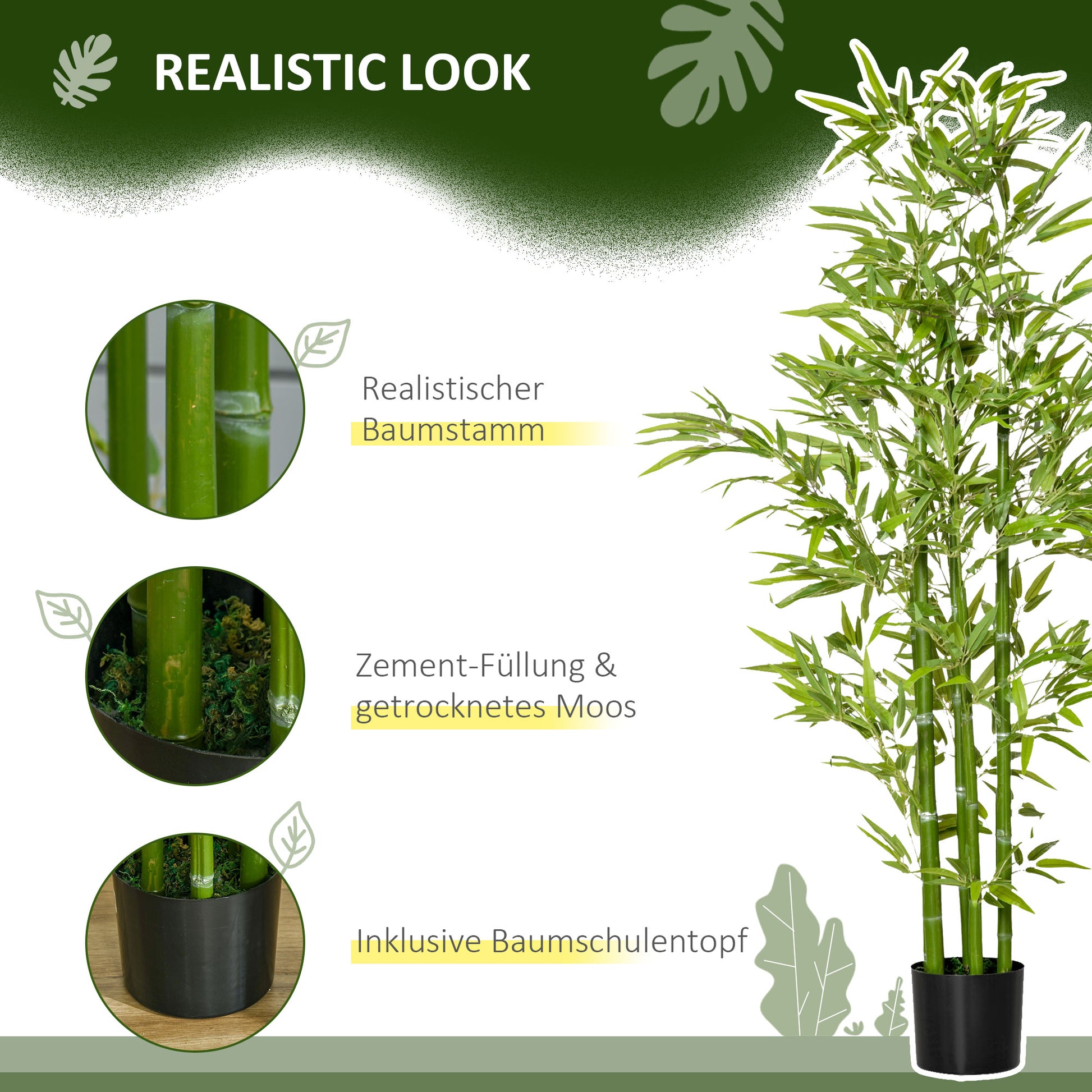 Large Artificial Bamboo 150 cm Fake Plant, Plastic Bamboo Artificial Plants, Faux Bamboo with Artificial Moss in Pot Decor for Living Room, Bedroom, Garden