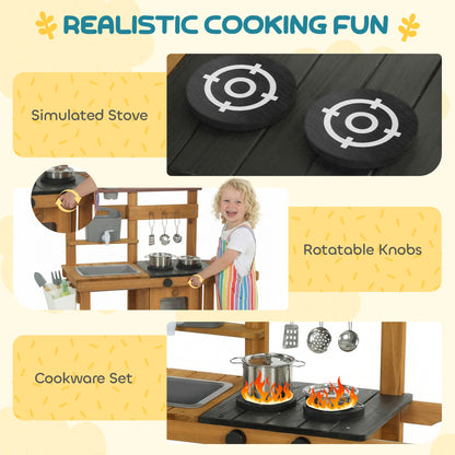 Kids Outdoor Mud Kitchen — Wooden Play Kitchen with Faucet, Sink, Planter, Wheels, Storage & Stainless-Steel Accessories for Ages 3–6, Brown