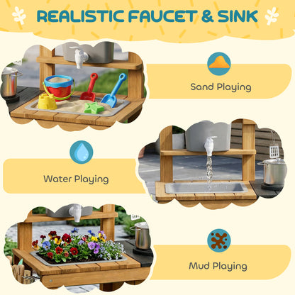 Kids Outdoor Mud Kitchen — Wooden Play Kitchen with Faucet, Sink, Planter, Wheels, Storage & Stainless-Steel Accessories for Ages 3–6, Brown