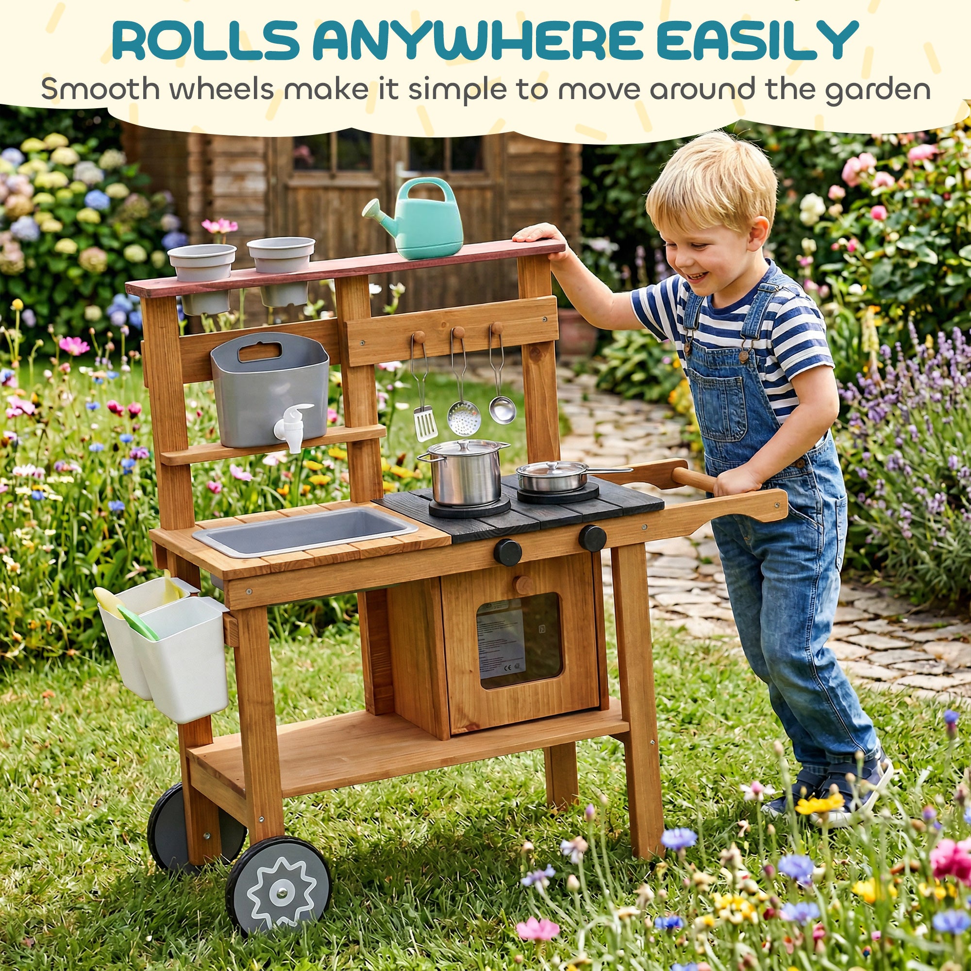 Kids Outdoor Mud Kitchen — Wooden Play Kitchen with Faucet, Sink, Planter, Wheels, Storage & Stainless-Steel Accessories for Ages 3–6, Brown