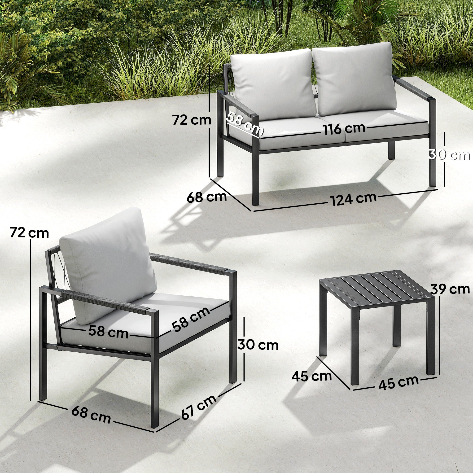 5-Piece Weather-Resistant Patio Set for 4 — 2-Seater Sofa, 2 Armchairs with Cushions, 2 Side Tables, Light Gray