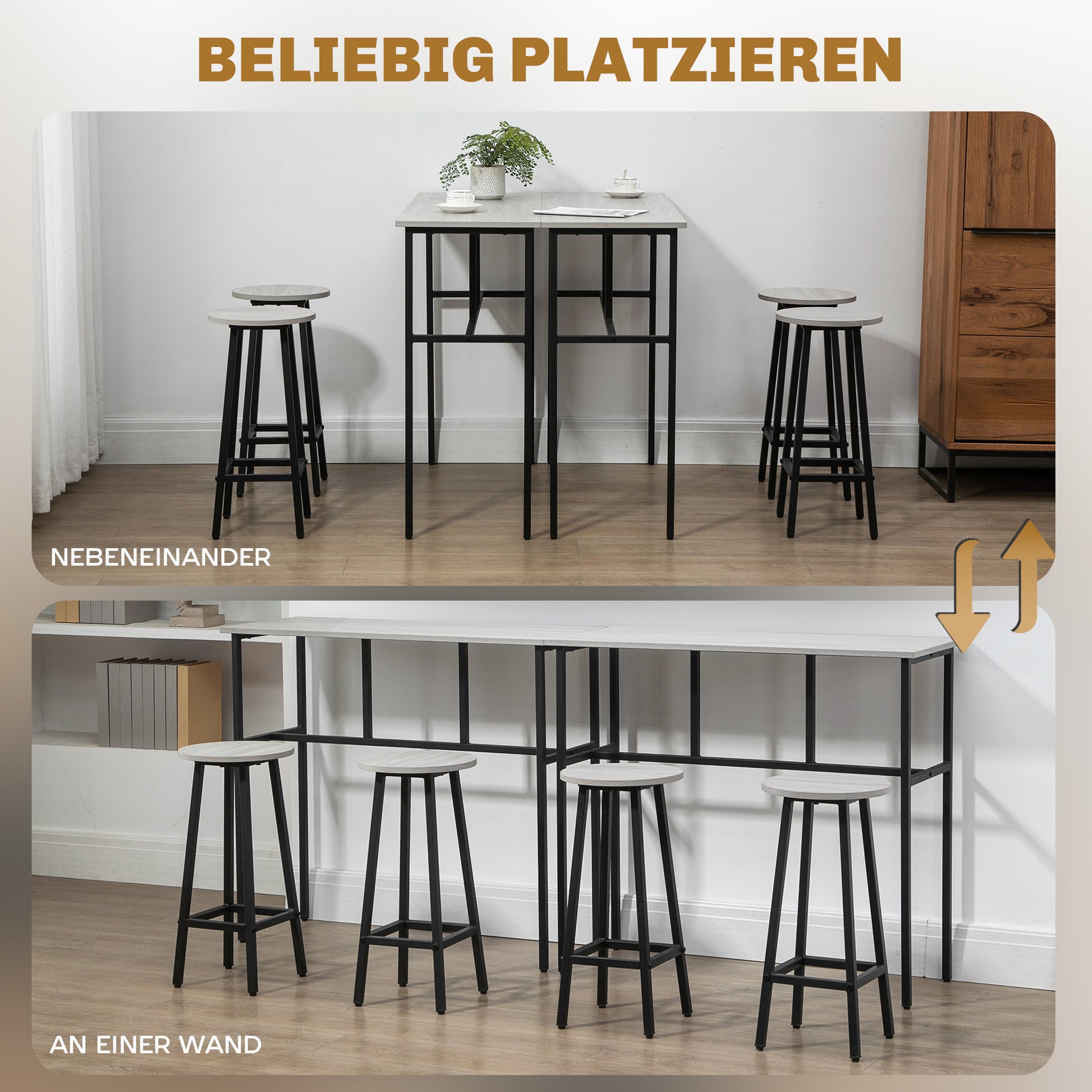 6-Piece Dining Set 2 Bistro Tables with 4 Chairs Stools Bar Table Set Dining Group Seating Set in Industrial Design Bar Stool Set for Living Room Dining Room Chipboard Steel Gray+Black