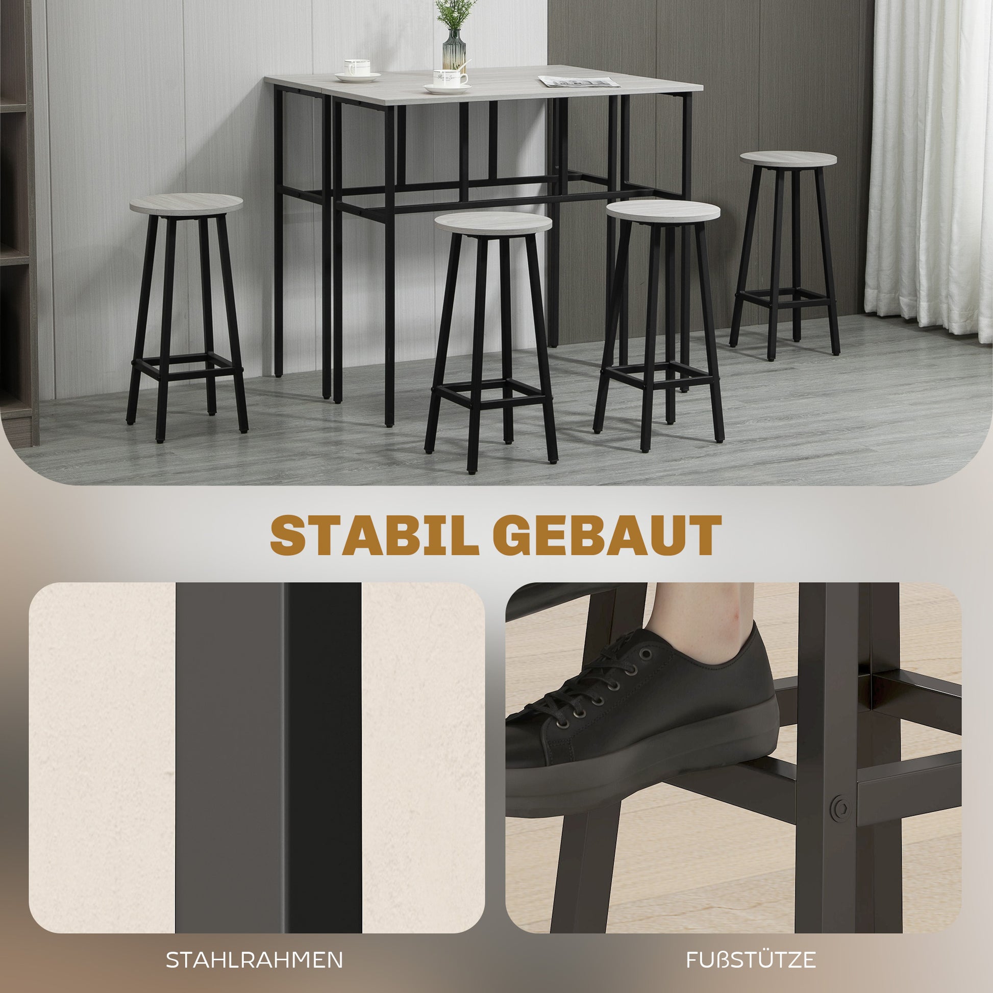 6-Piece Dining Set 2 Bistro Tables with 4 Chairs Stools Bar Table Set Dining Group Seating Set in Industrial Design Bar Stool Set for Living Room Dining Room Chipboard Steel Gray+Black