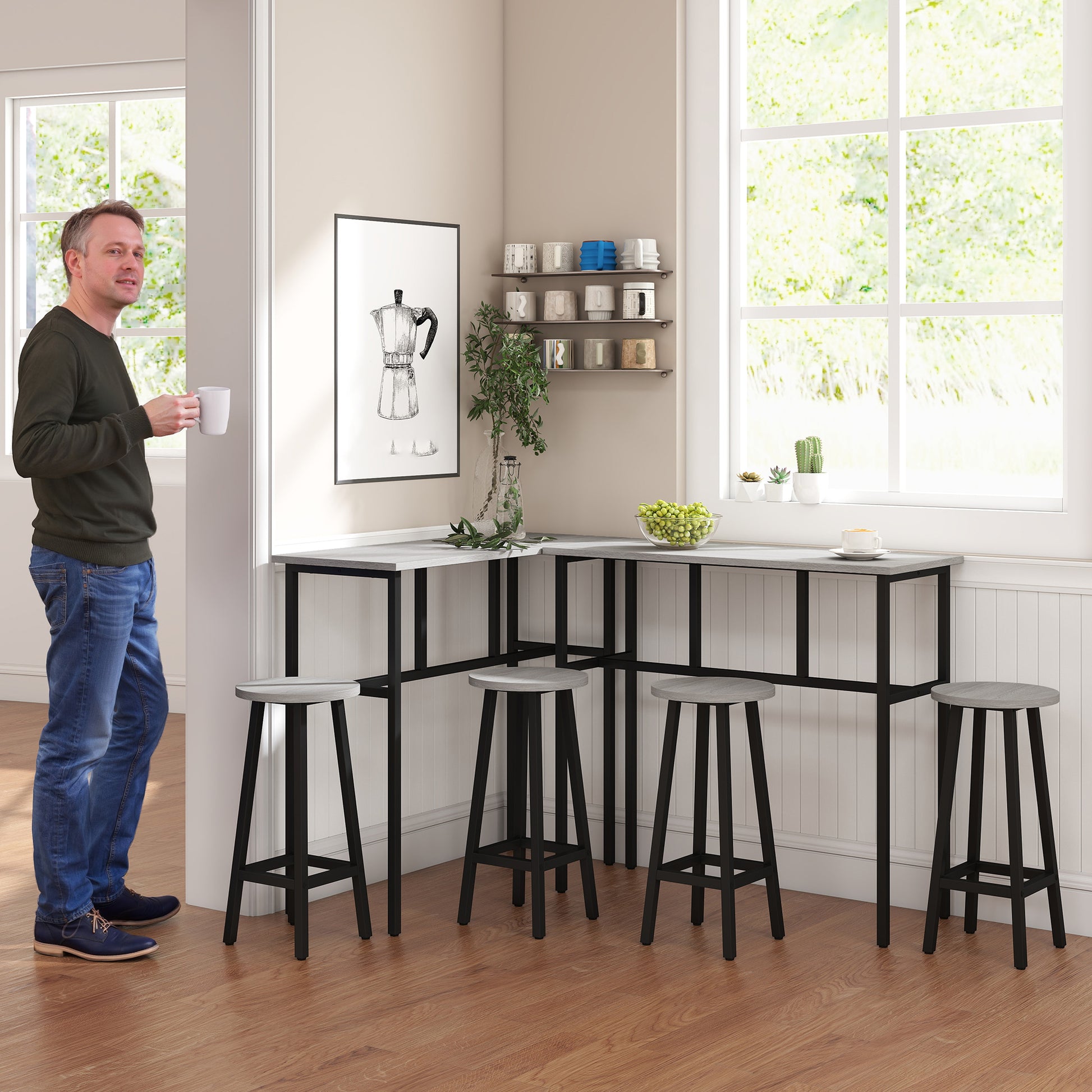6-Piece Dining Set 2 Bistro Tables with 4 Chairs Stools Bar Table Set Dining Group Seating Set in Industrial Design Bar Stool Set for Living Room Dining Room Chipboard Steel Gray+Black