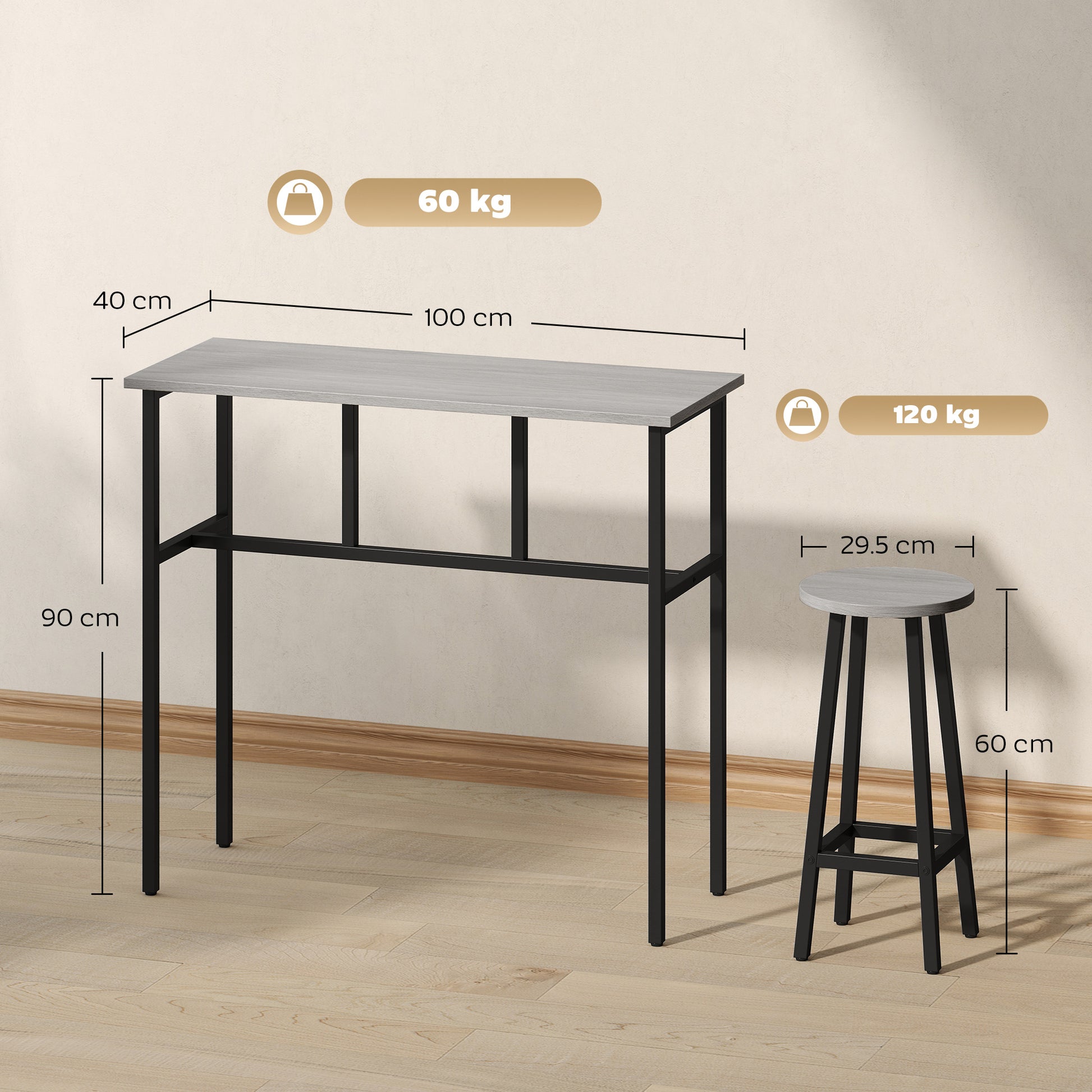 6-Piece Dining Set 2 Bistro Tables with 4 Chairs Stools Bar Table Set Dining Group Seating Set in Industrial Design Bar Stool Set for Living Room Dining Room Chipboard Steel Gray+Black