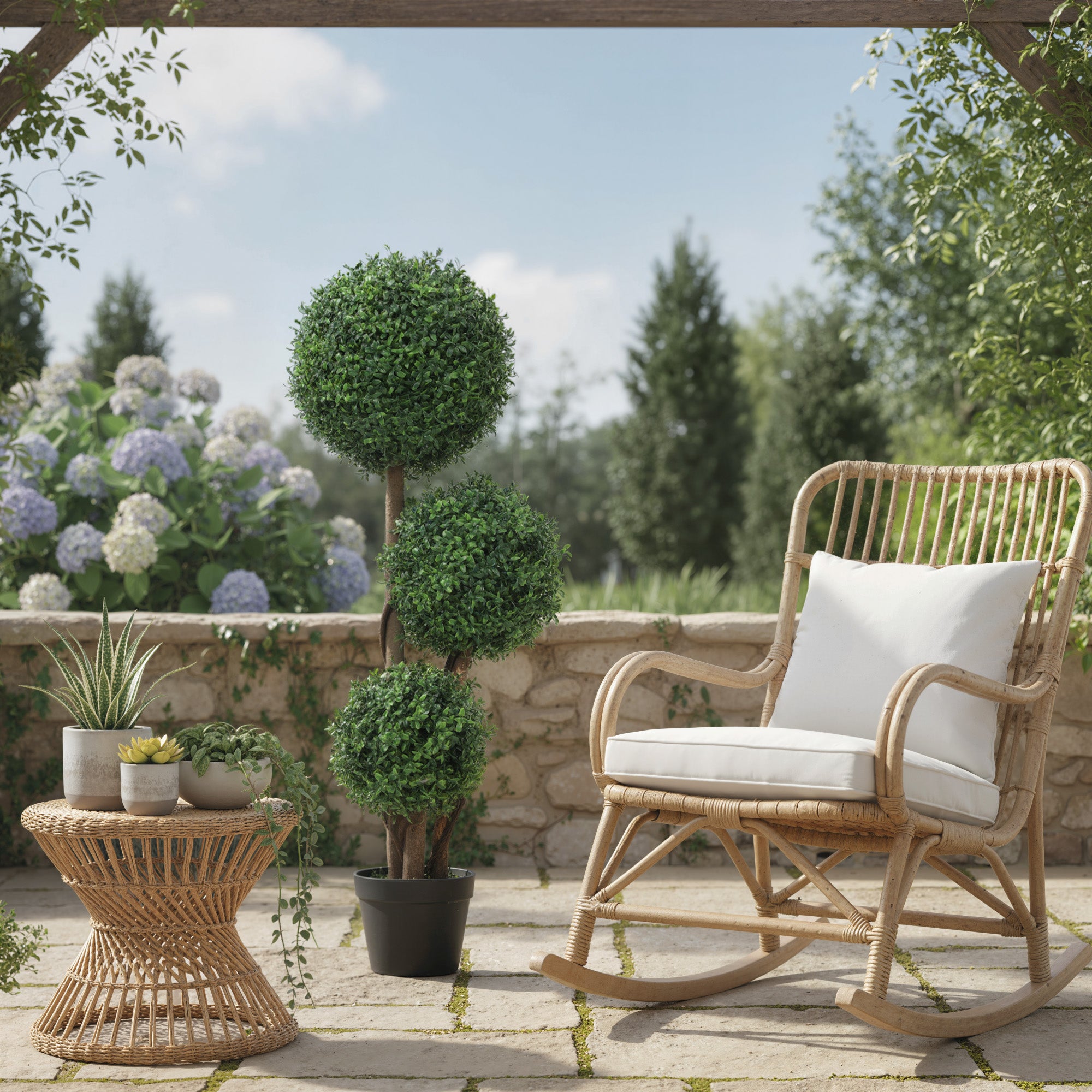 39.4 in (100 cm) Large Boxwood Topiary - Three-Ball Artificial Plant with Real Wood Trunk in Pot, Realistic Faux Plant for Living Room, Bedroom, Office, Garden Decor, Gift