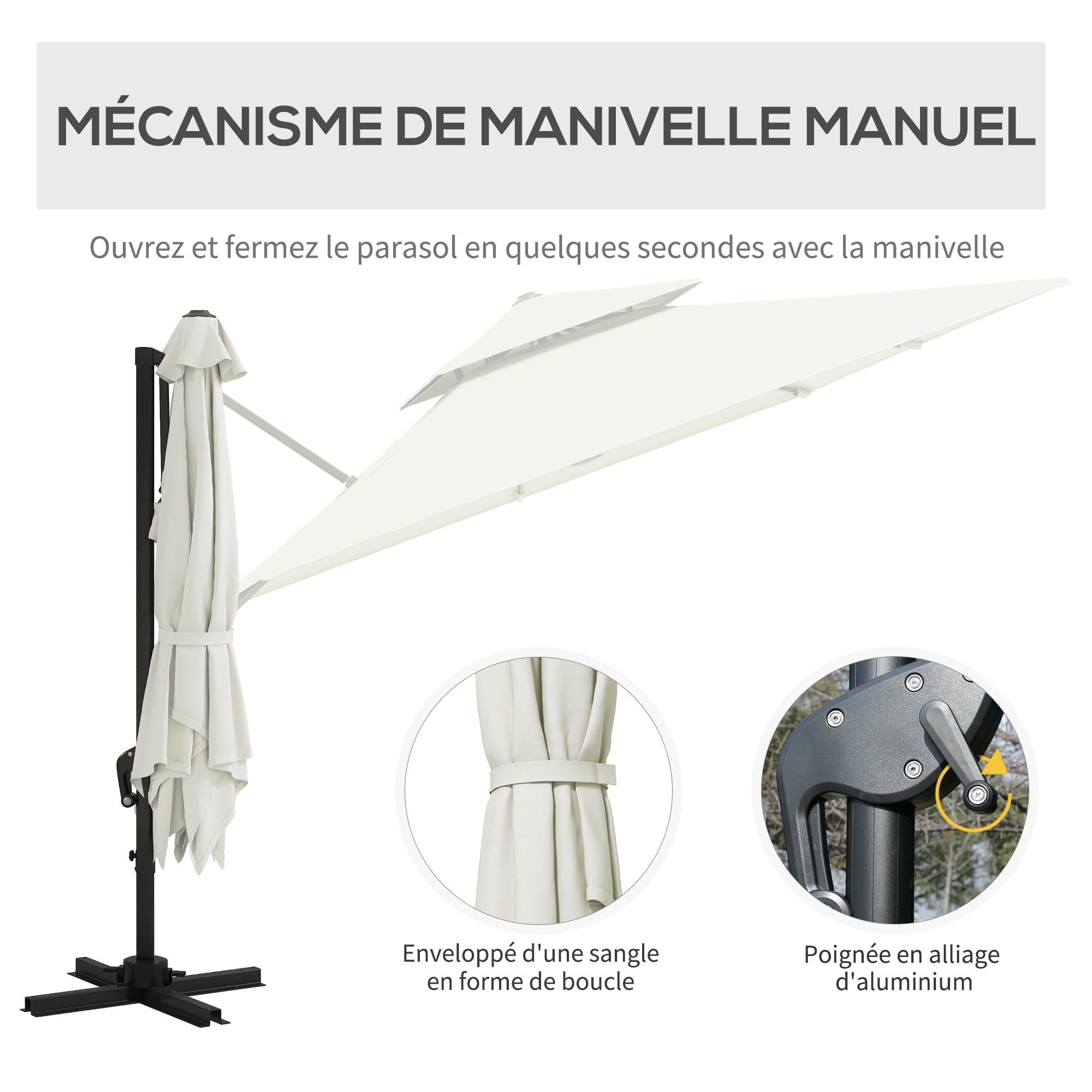 Square Cantilever Parasol 3 x 3 m Double Roof Adjustable Rotating Crank Ballast Included Metal Polyester Beige