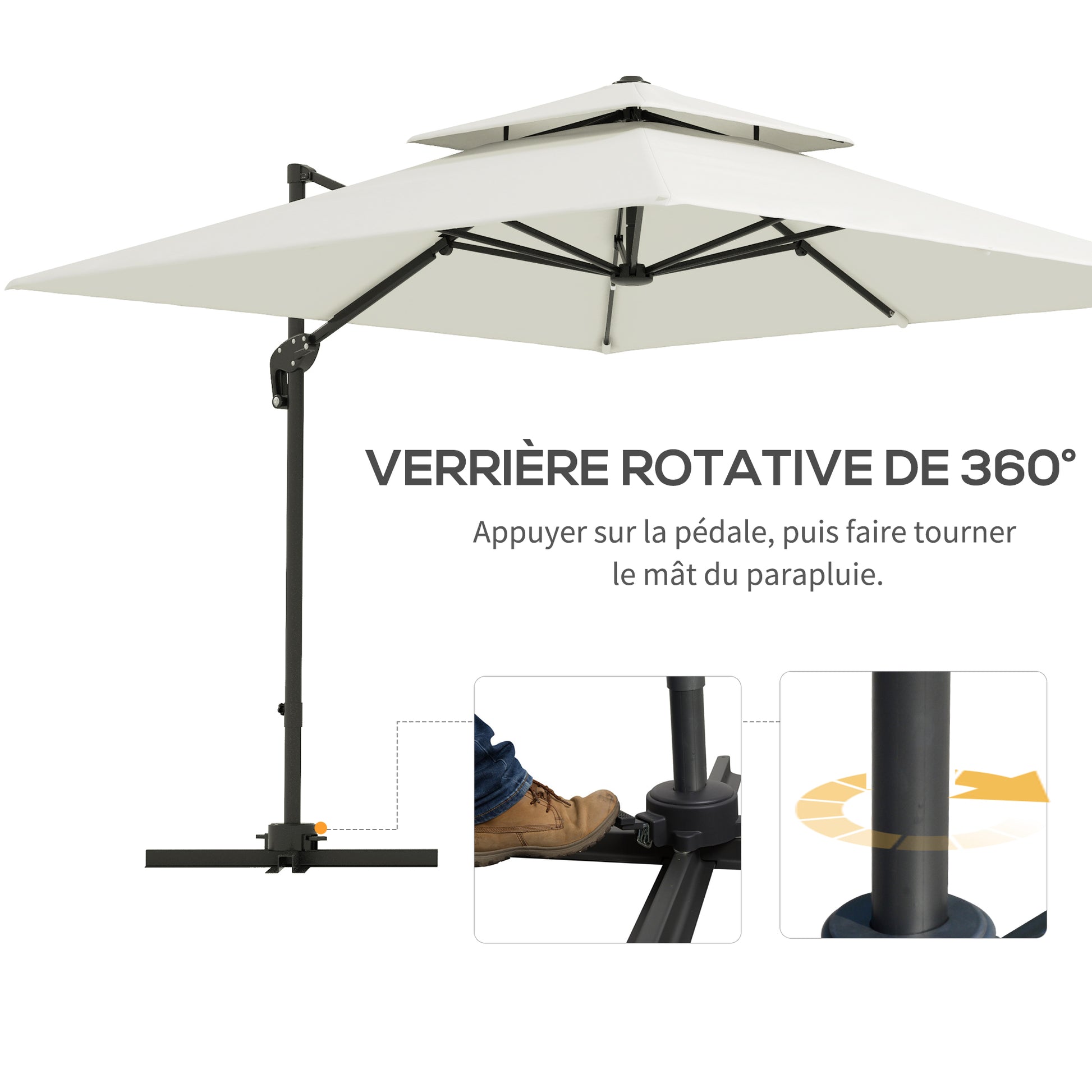 Square Cantilever Parasol 3 x 3 m Double Roof Adjustable Rotating Crank Ballast Included Metal Polyester Beige