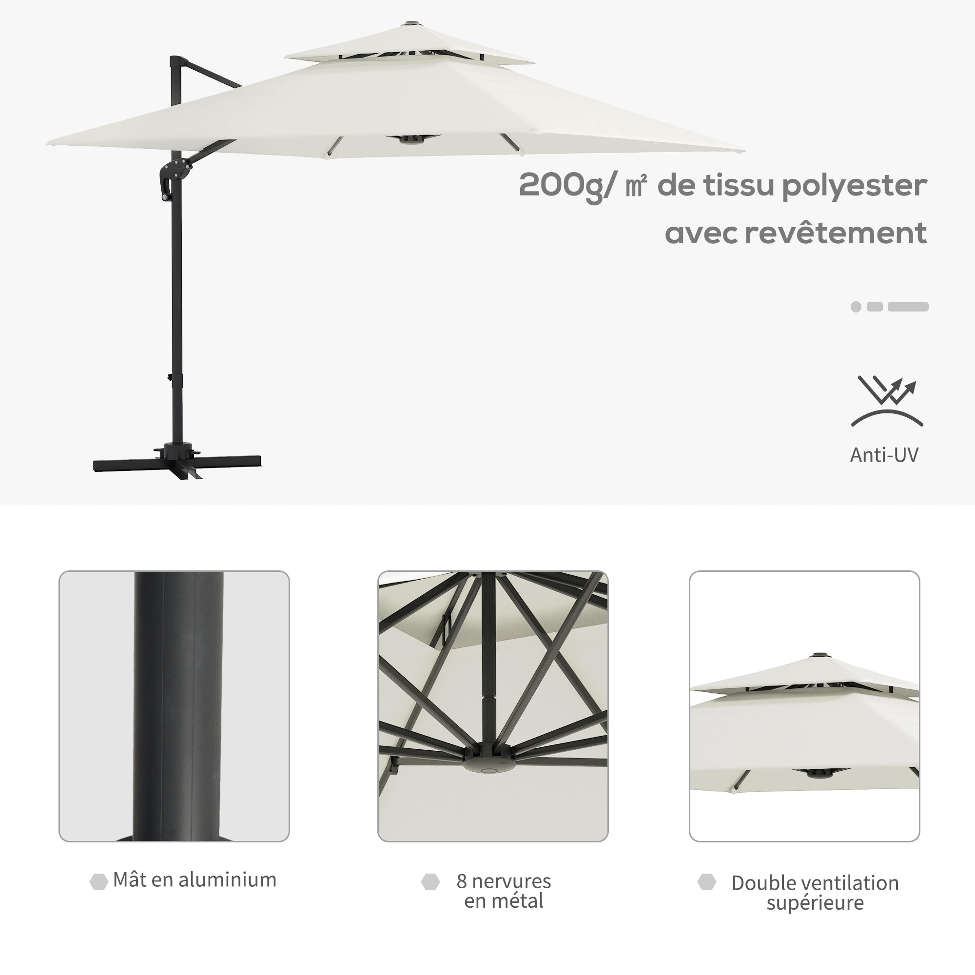 Square Cantilever Parasol 3 x 3 m Double Roof Adjustable Rotating Crank Ballast Included Metal Polyester Beige
