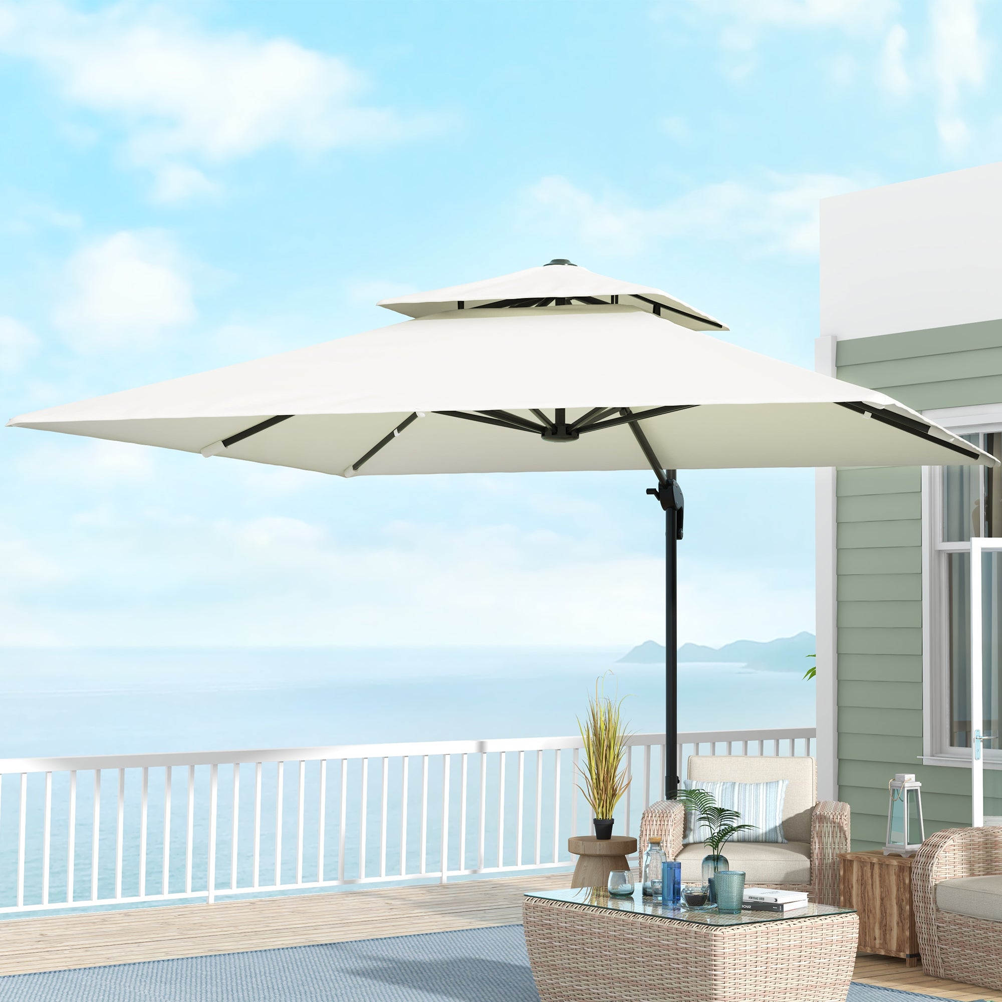 Square Cantilever Parasol 3 x 3 m Double Roof Adjustable Rotating Crank Ballast Included Metal Polyester Beige