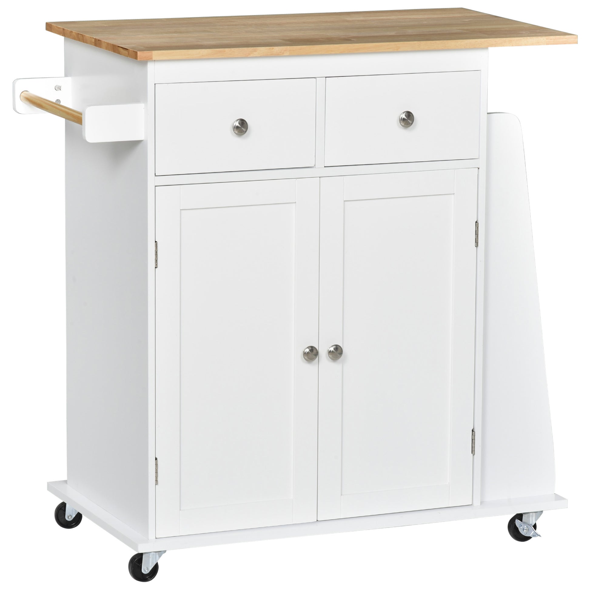 Kitchen Cart with Wheels, Serving Trolley with 2 Drawers, Storage Cabinet, Adjustable Interior Shelf, 3 Spice Racks, and Hanging Bar 89x45x89.5 cm White