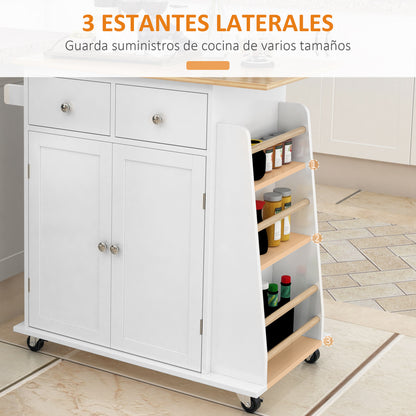 Kitchen Cart with Wheels, Serving Trolley with 2 Drawers, Storage Cabinet, Adjustable Interior Shelf, 3 Spice Racks, and Hanging Bar 89x45x89.5 cm White