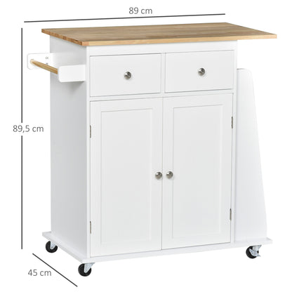 Kitchen Cart with Wheels, Serving Trolley with 2 Drawers, Storage Cabinet, Adjustable Interior Shelf, 3 Spice Racks, and Hanging Bar 89x45x89.5 cm White