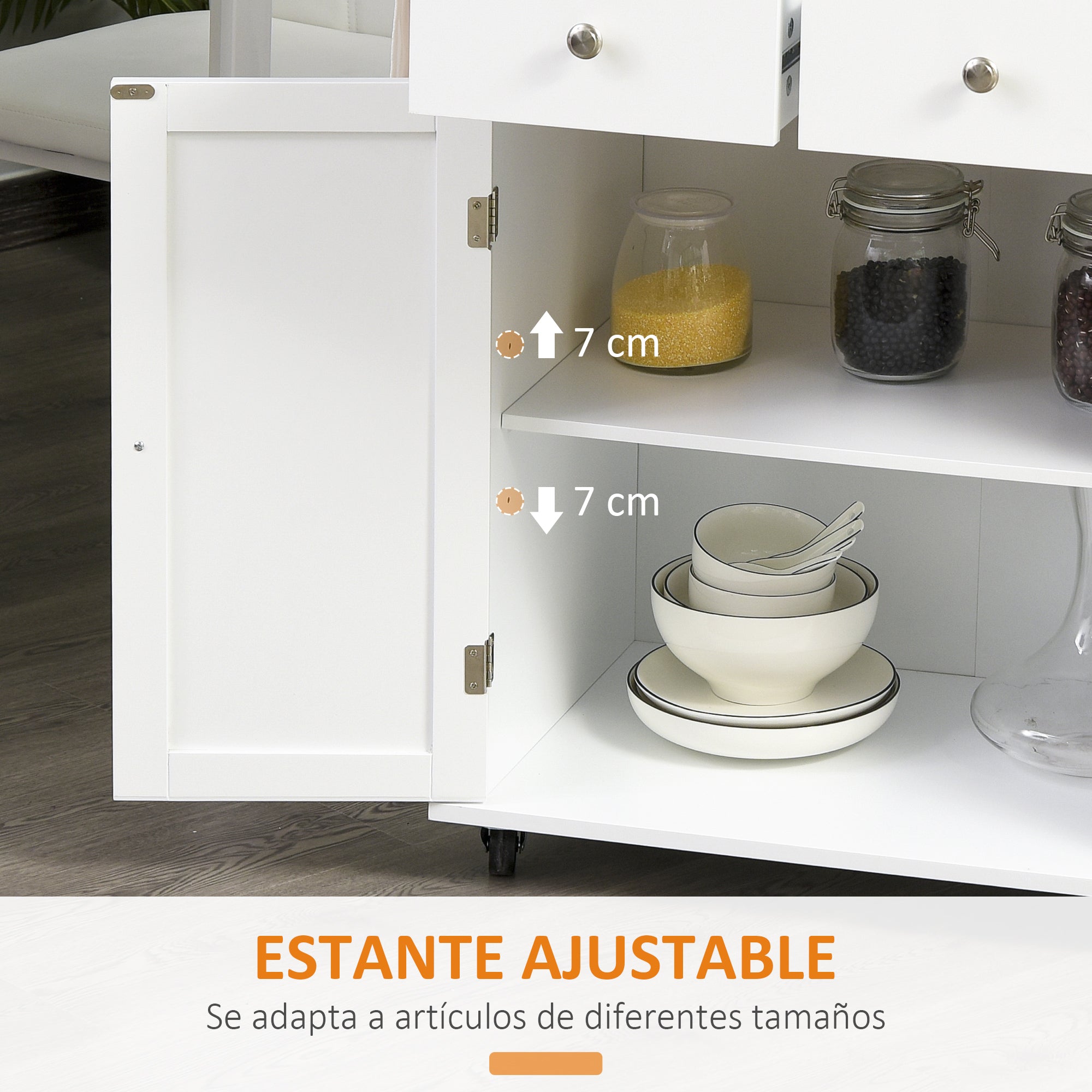 Kitchen Cart with Wheels, Serving Trolley with 2 Drawers, Storage Cabinet, Adjustable Interior Shelf, 3 Spice Racks, and Hanging Bar 89x45x89.5 cm White